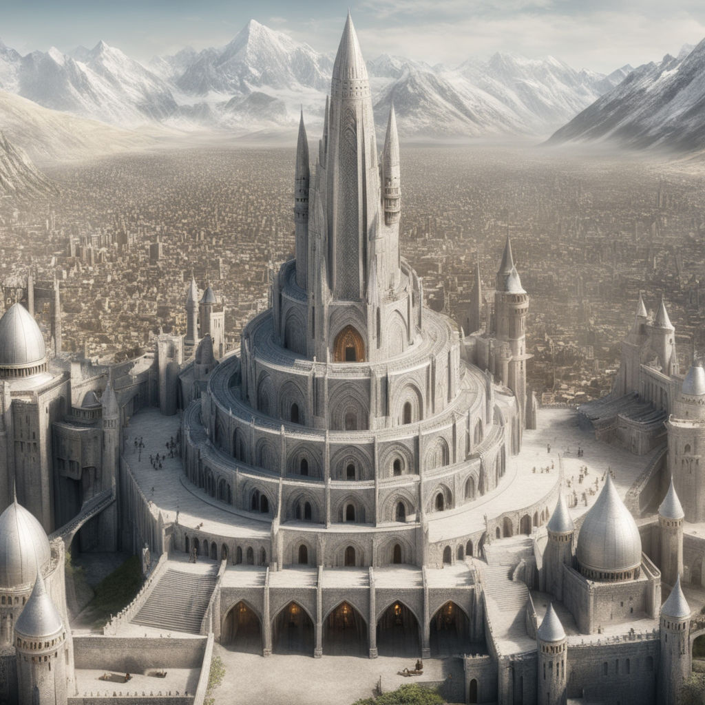 Minas Tirith, Gondor, magical, evening, Tolkien, Lord, Stable Diffusion