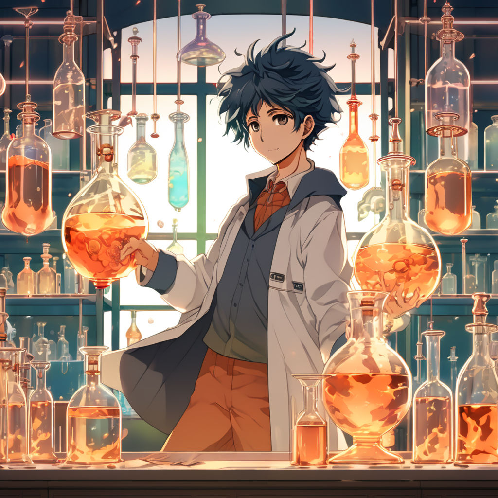 Anime character looking at a chemical flask on Craiyon