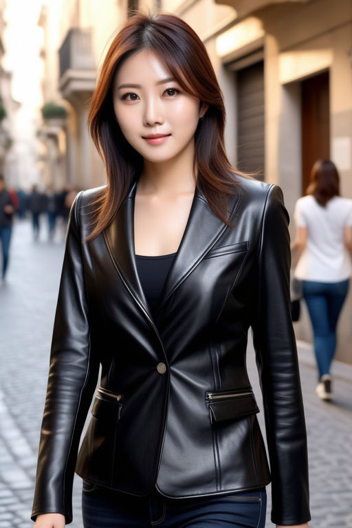 24 year old cute korean woman with leather jacket and leather pants -  Playground