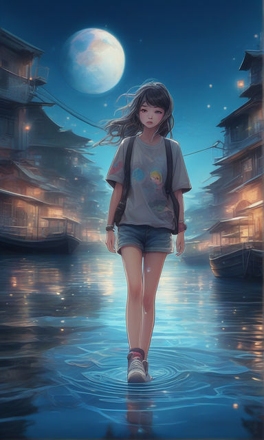 anime girl in water with the moonlight