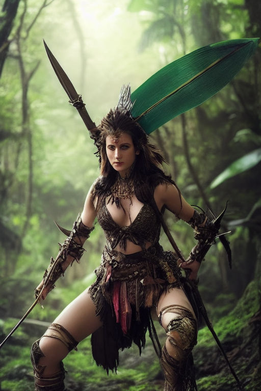 a female tribal warrior in the jungle, african. By, Stable Diffusion