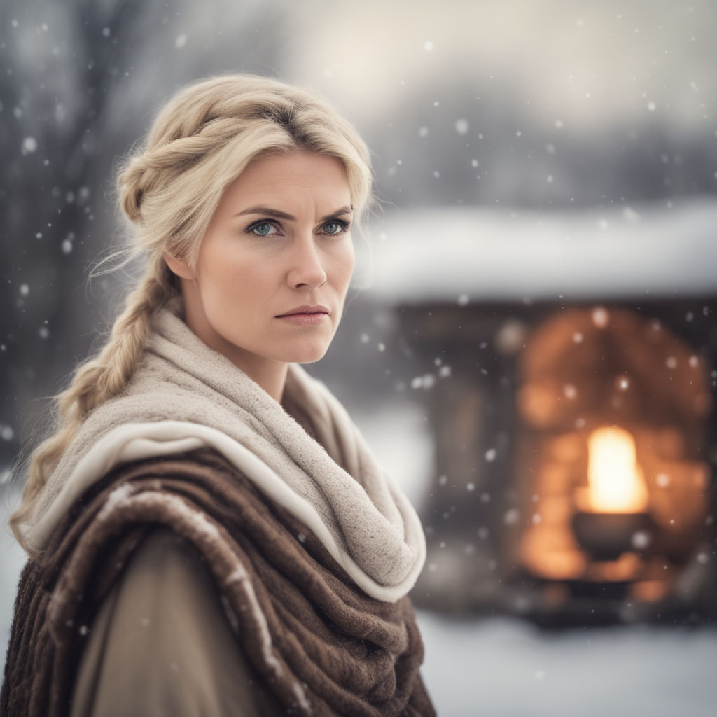 Scandinavian blonde in winter in the snowfall - portrait of a