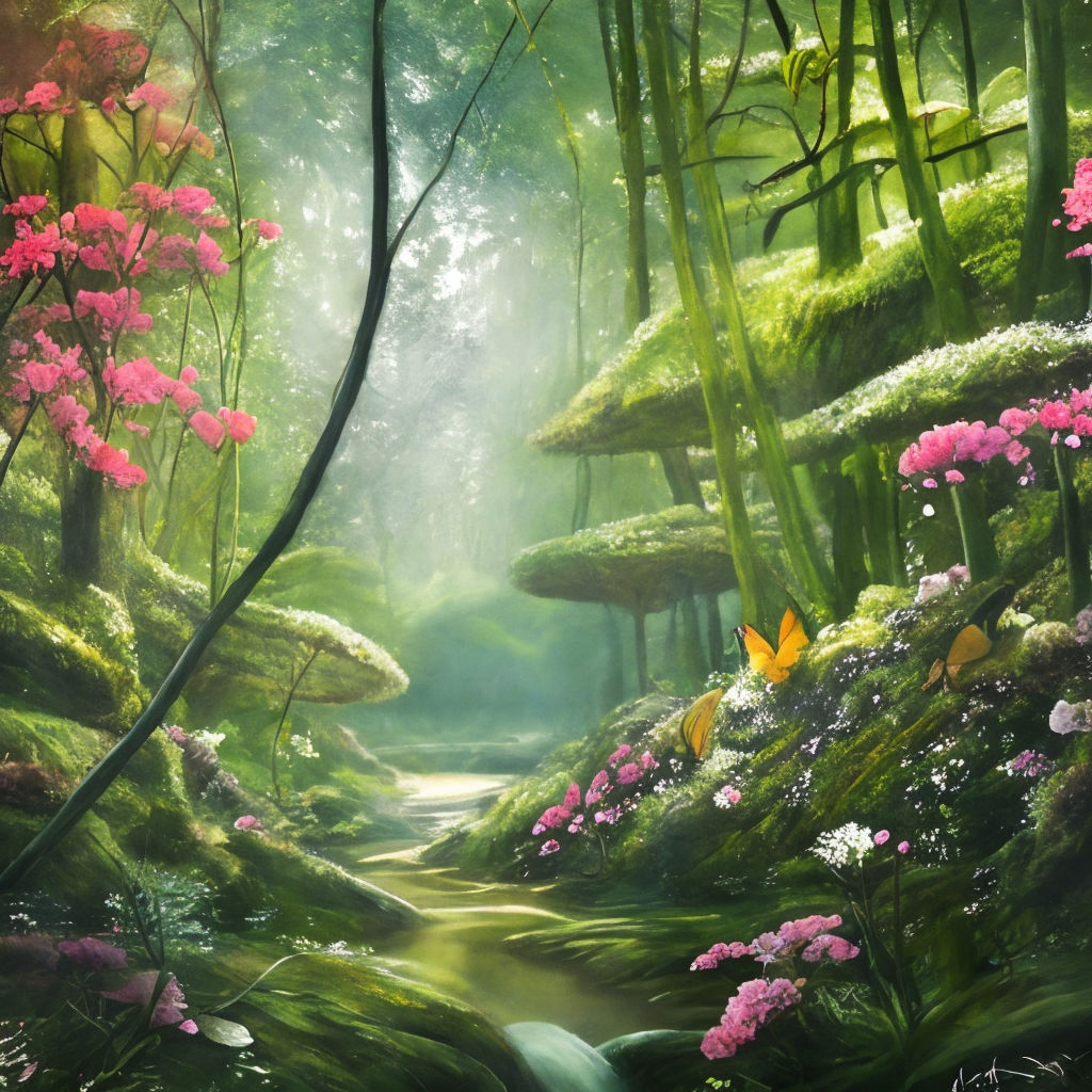 Ambiente de fantasia de uma floresta mágica no estilo de arte anime