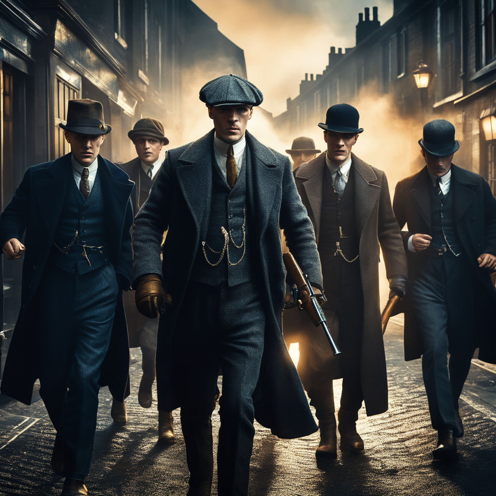 Peaky Blinders mafia men style 1900s. Back view. High quality Ai