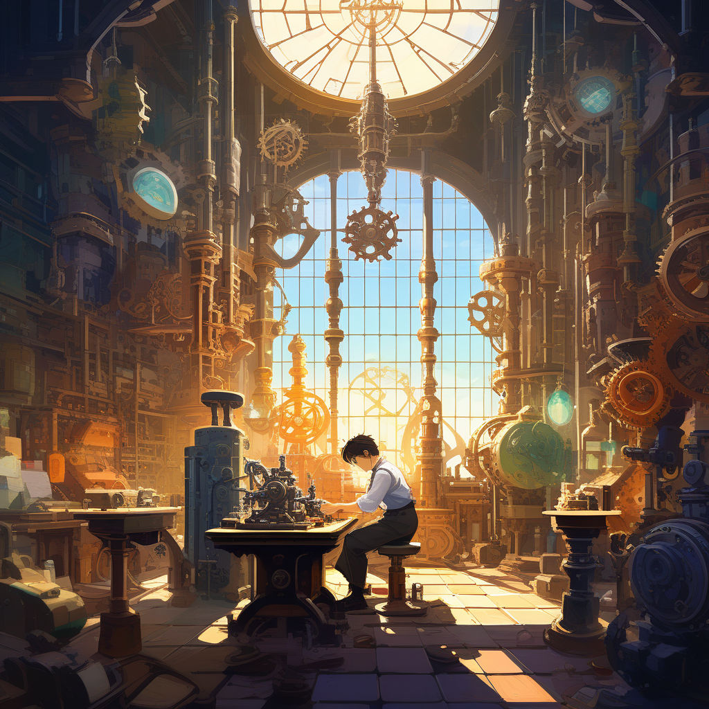 interior of a cluttered steampunk clock shop, father