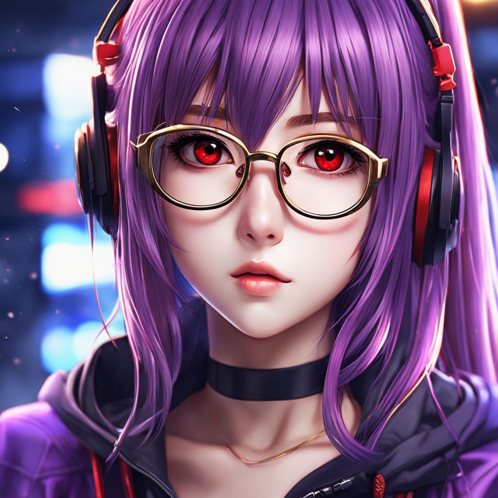 anime girl with headphones and purple hair