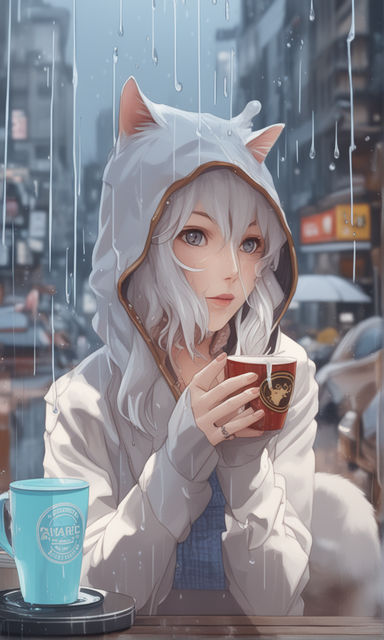 anime girl neko with white hair