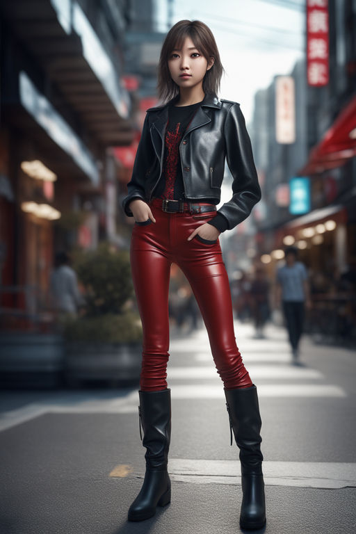 A japanese young teen girl with a beautiful face wearing a black leather  top with red pvc pants and knee boots - Playground