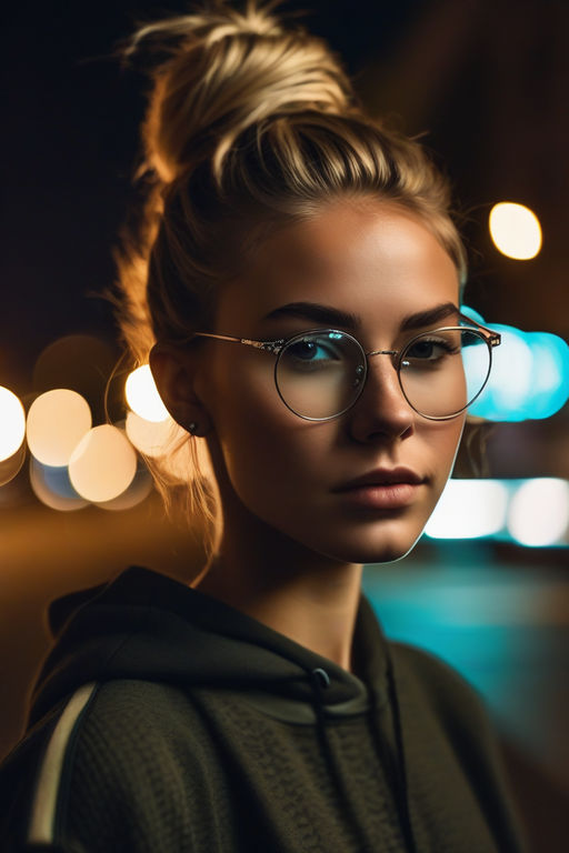 KREA - tall skinny 40 year old woman sitting, brown shoulder length curly  hair , small breasts, small rectangular glasses, square jaw, slender face,  gentle wide smile, violet coloured t-shirt