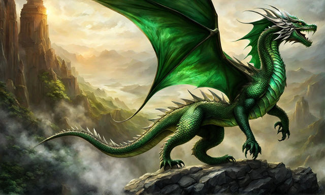 Green Dragon in the cave, the lord of dragons, has good platinum scales,  bright eyes, and is surrounded by dazzling gold and green lights.  generative ai Stock Illustration