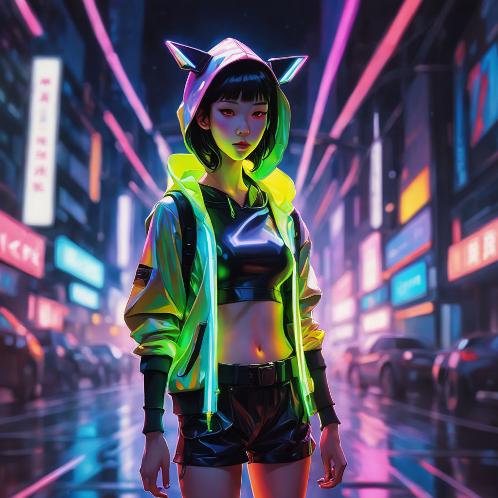 anime cyberpunk girl wearing futuristic outfit in a neon city at