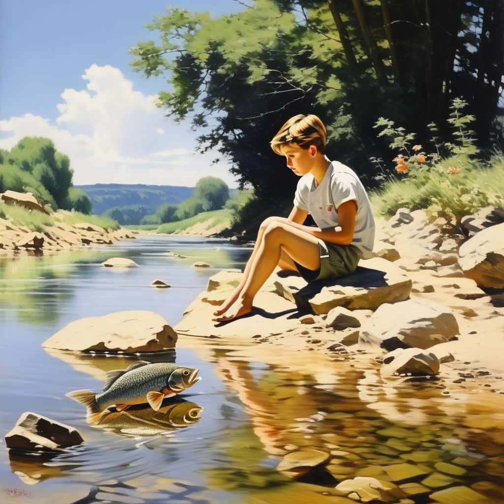 A painting of a boy sitting on a rock by the water. Fishing lake