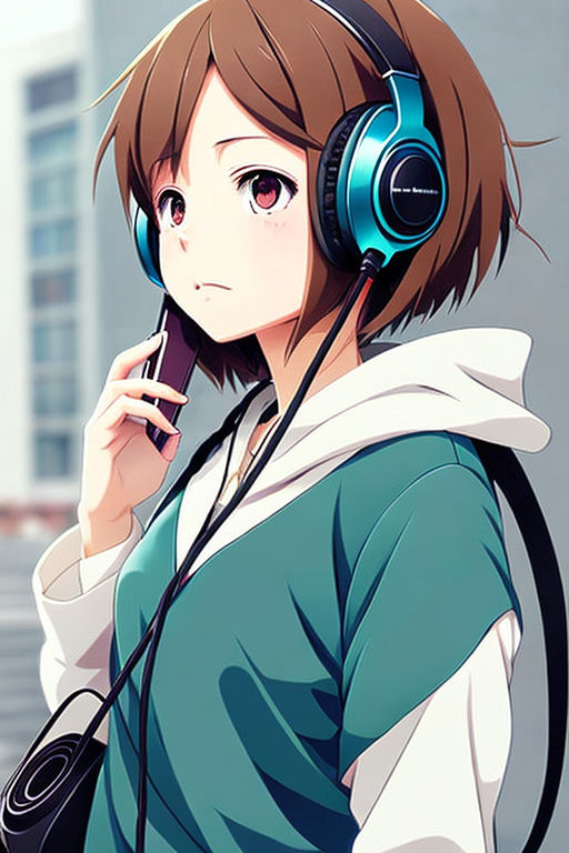 futuristic anime style girl listening to music with headphones