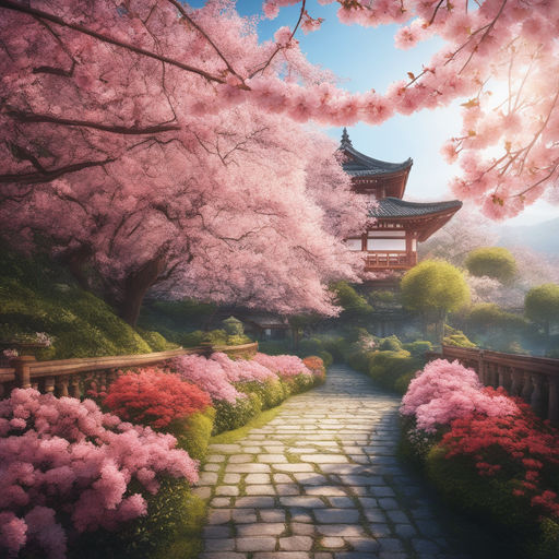 Beautiful japan temple in blossoming sakura garden, pink cherry