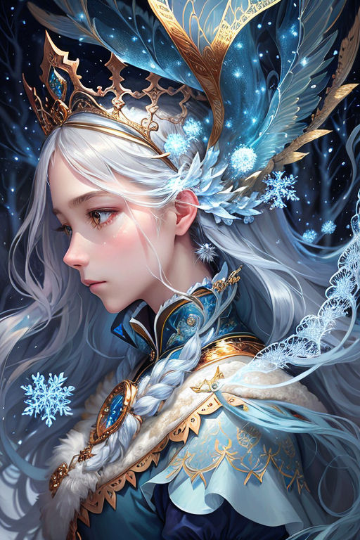 prompthunt: Ice Princess, white long hair, sky blue eyes, short white silk  dress, white long gloves, feet showing, legs crossed, arms crossed, crown  made of ice, sitting on throne, frost, fantasy, elegant,