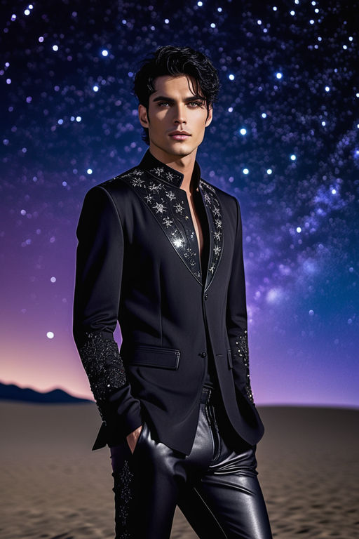 Eye-candy man with a muscular chest beneath a galactic-themed cape  featuring cosmic embroidery - Playground