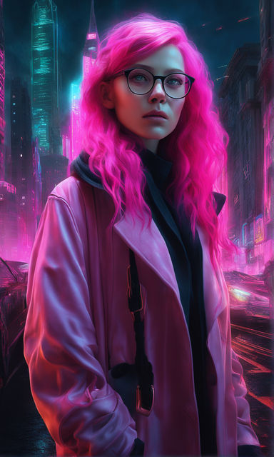 Anime cyberpunk male with pink hair and glasses standing in city