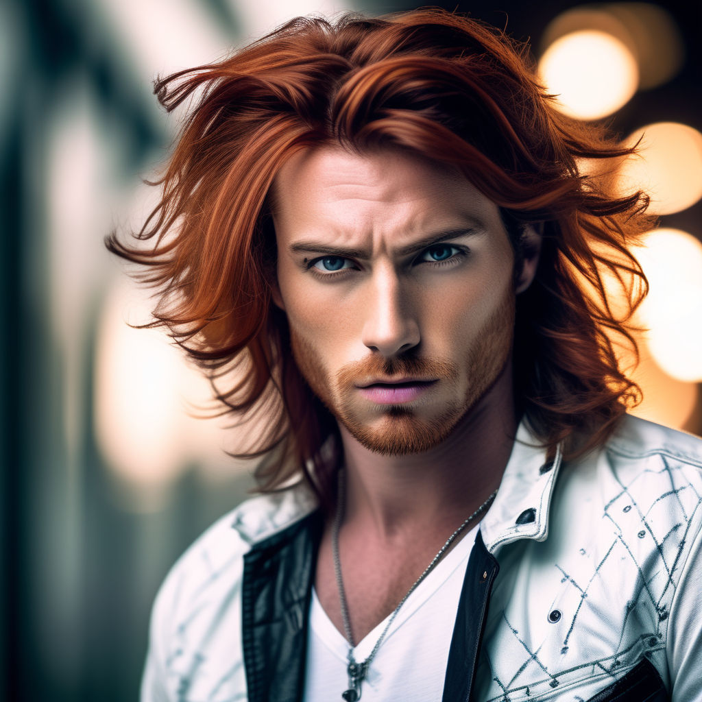Energetic Young Man with Obsidian Horns and Red Hair | MUSE AI