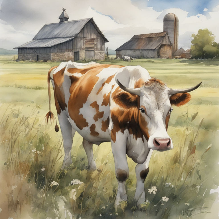 Prompt: A cow grassing in the field, farm buildings in backgound, cloudy skies, Watercolor, trending on artstation, sharp focus, studio photo, intricate details, highly detailed, by greg rutkowski