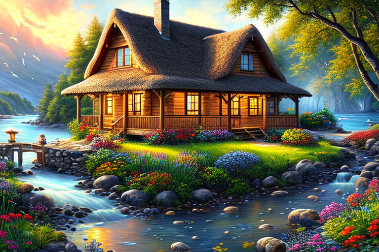 Beautiful House Near River Nature Drawing - Drawing Skill