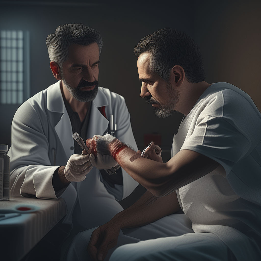 Prompt: doctor with syringe in hands without gloves about to inject in the arm to latino man patient, perfect composition, beautiful detailed intricate insanely detailed octane render trending on artstation, 8 k artistic photography, photorealistic concept art, soft natural volumetric cinematic perfect light, chiaroscuro, award - winning photograph, masterpiece, oil on canvas, raphael, caravaggio, greg rutkowski, beeple, beksinski, giger