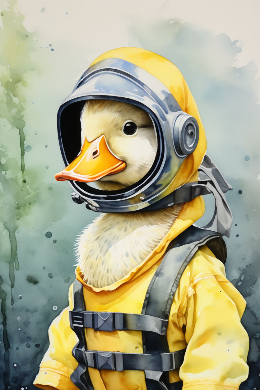 Ultra detailed watercolor illustration of a cute cartoon duck astronaut  wearing an astronaut suit - Playground