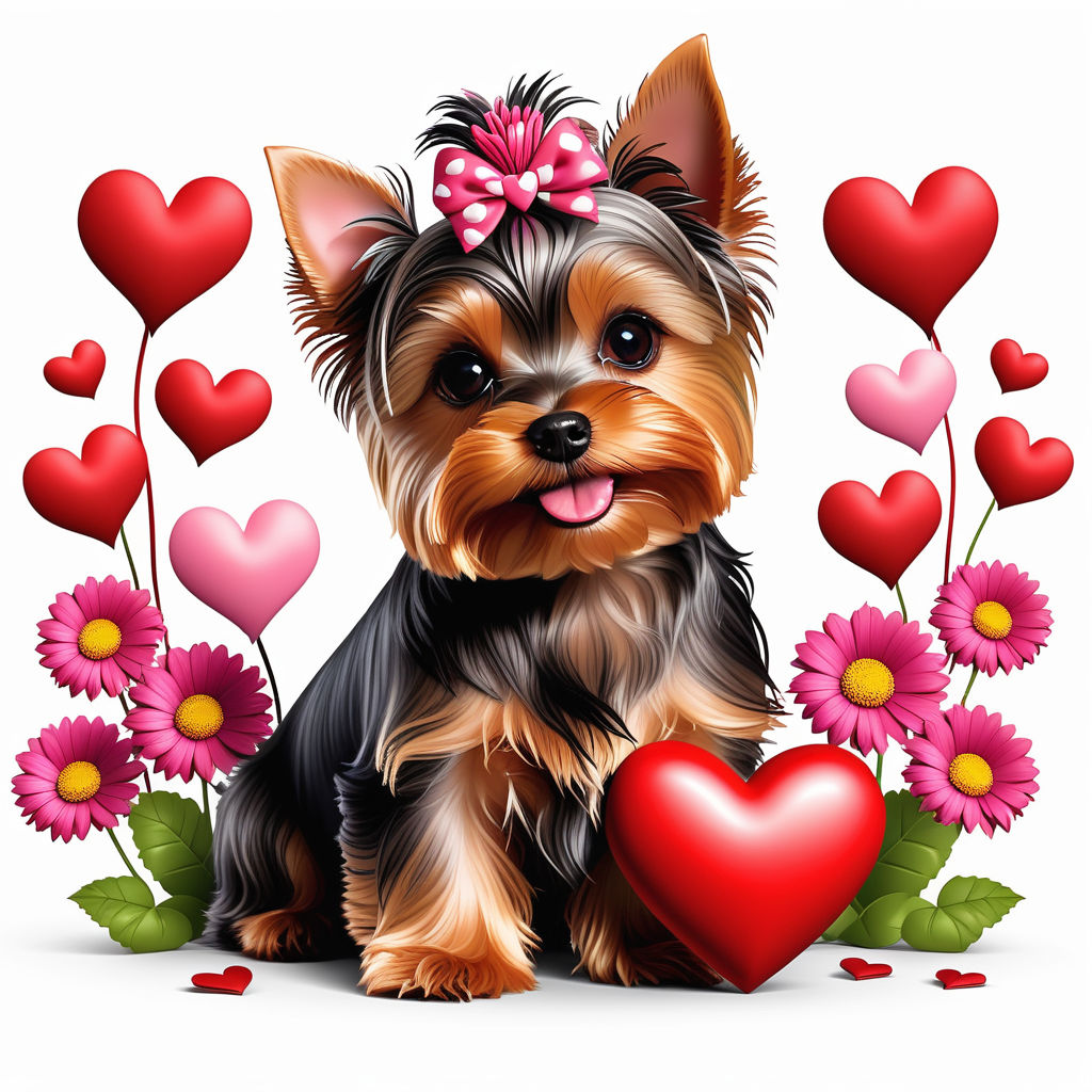 Prompt: 3d Valentine's day vector clipart with cute Yorkie dog, hearts, flowers, isolated in a white background, PNG image, vivid colors, perfect composition, transparent background, Theme: cute