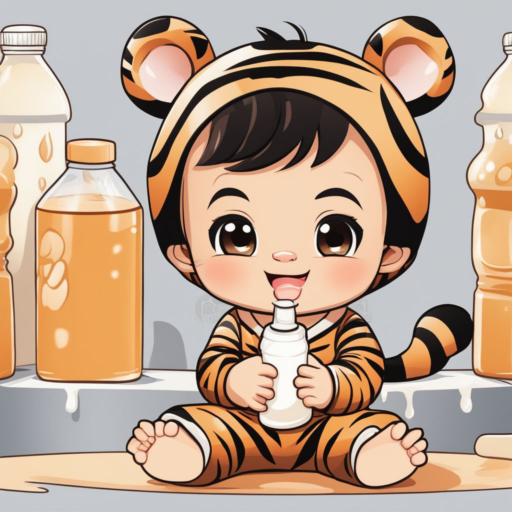 cute baby tiger face on human kid body on black background