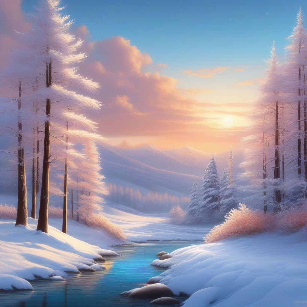 Winter scenery painting, landscape, - C.E.T. Chicu Eugenia Touma -  Paintings & Prints, Landscapes & Nature, Rivers & Creeks - ArtPal