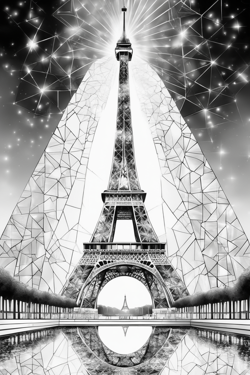 eiffel tower at night black and white drawing