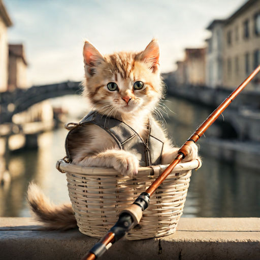 dark haired man and woman fishing with their tabby colored cat. woman and  cat are wearing a hat and woman is wearing a floral sundress. - Playground