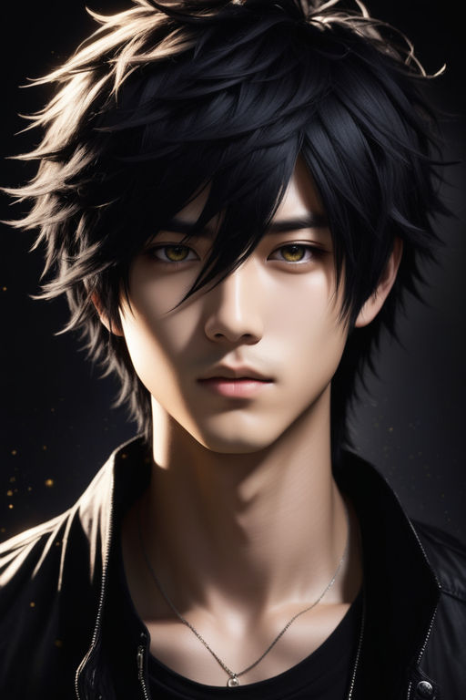 Anime boy character with black long fluffy wavy hair, wearing a