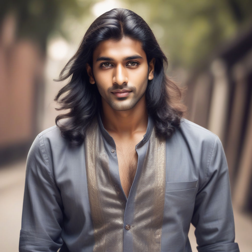 Handsome Indian man, very long hair, slender ripped...