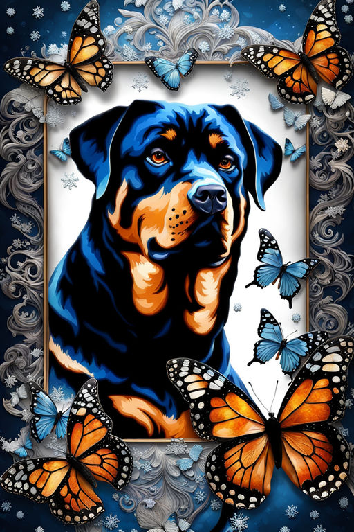 Prompt: tooled leather, beautiful full body rottweiler no shadows, and white  snow background butterflies pattern , Broken Glass effect, no background, stunning, something that even doesn't exist, mythical being, energy, molecular, textures, iridescent and luminescent scales, breathtaking beauty, pure perfection, divine presence, unforgettable, impressive, breathtaking beauty, Volumetric light, auras, rays, vivid colors reflects, Broken Glass effect, no background, stunning, something that even doesn't exist, mythical being, energy, molecular, textures, iridescent and luminescent scales, breathtaking beauty, pure perfection, divine presence, unforgettable, impressive, breathtaking beauty, Volumetric light, auras, rays, vivid colors reflects