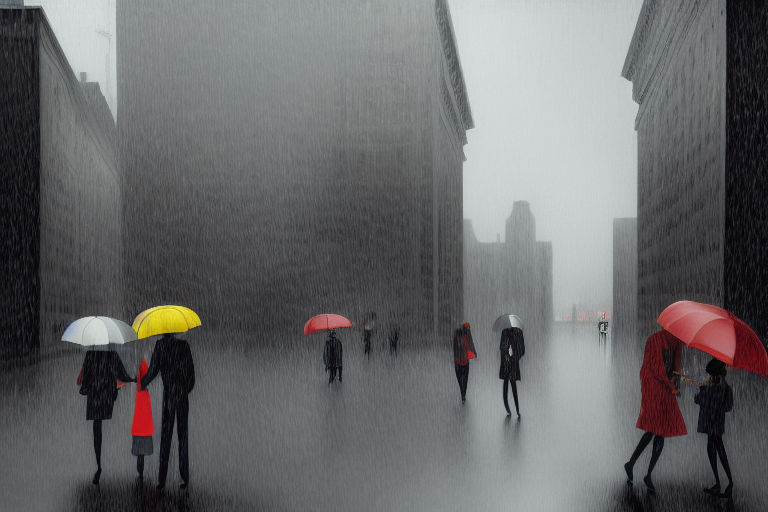 Prompt: rainy day, buildings, grey sky, people going to work, light,  cloudy, raining, city, big raindrops, , by Jacob Lawrence and Francis picabia, perfect composition, beautiful detailed intricate insanely detailed octane render trending on artstation, 8 k artistic photography, photorealistic concept art, soft natural volumetric cinematic perfect light, chiaroscuro, award - winning photograph, masterpiece, oil on canvas, raphael, caravaggio, greg rutkowski, beeple, beksinski, giger