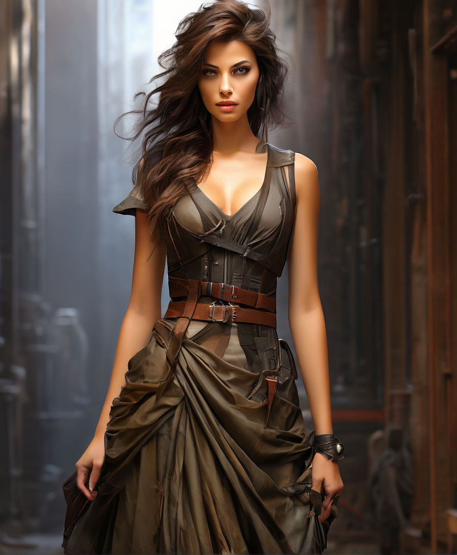 adopting a sultry pose in a SteamPunk corset paired with a high