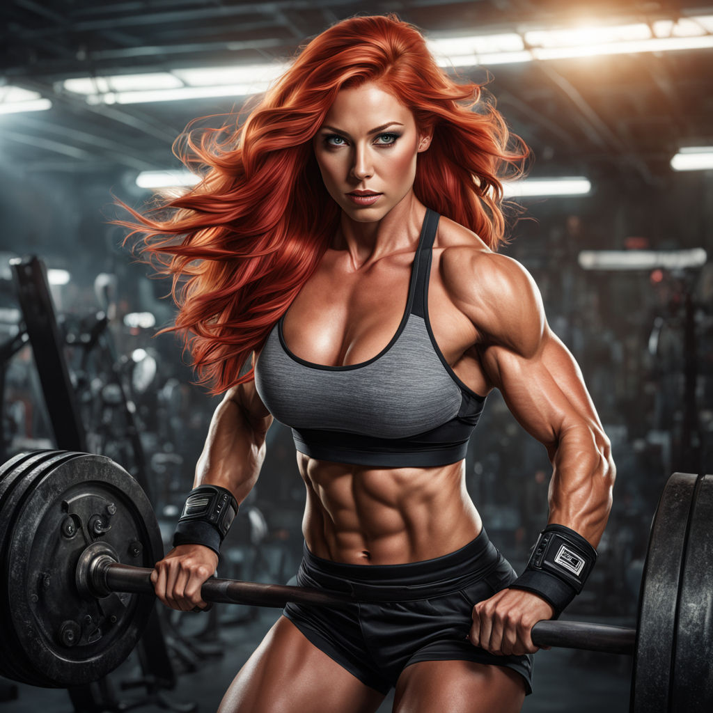 face red hair woman with big chest lifting a heavy iron - Playground
