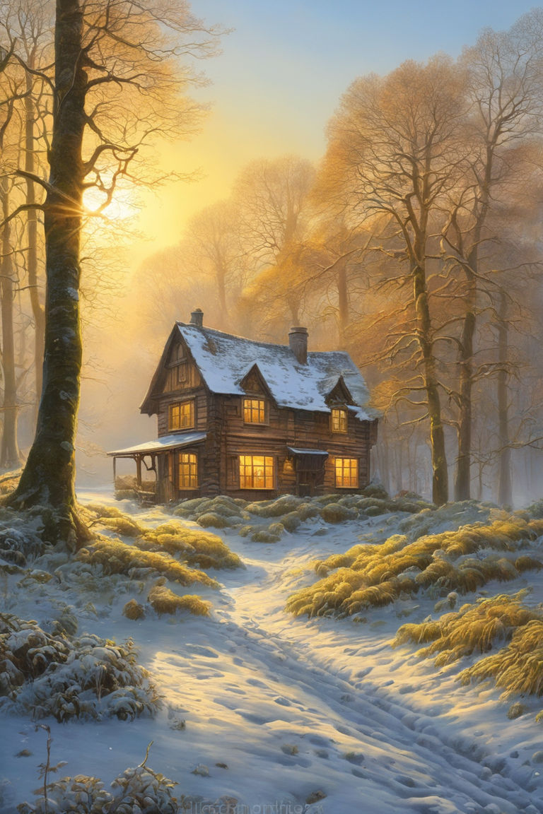 a lone house with a warm glow form the candle lit windows in a snowy forest  - Playground