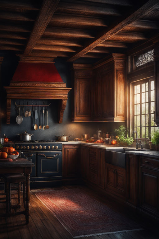 concept art of a dark victorian kitchen, at night, g