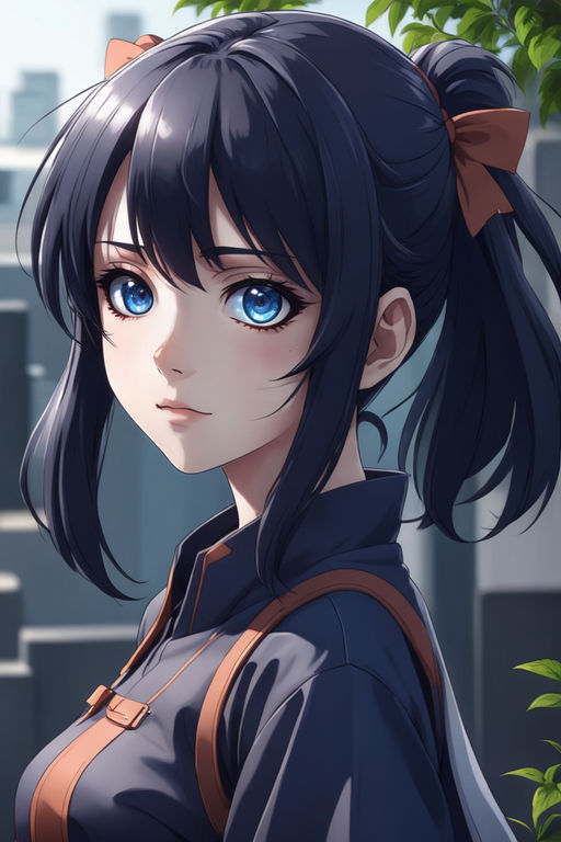 anime girl with short black hair and blue eyes