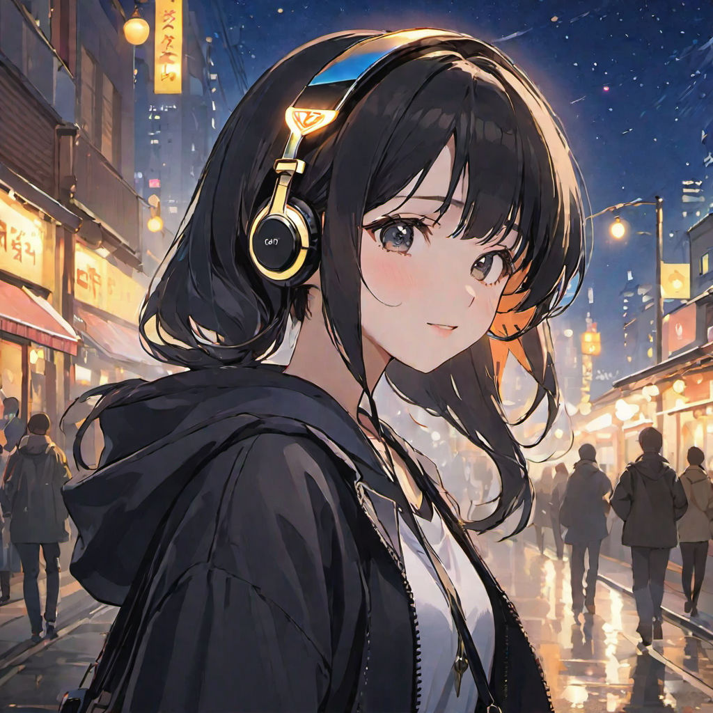 brown hair anime girl with headphones