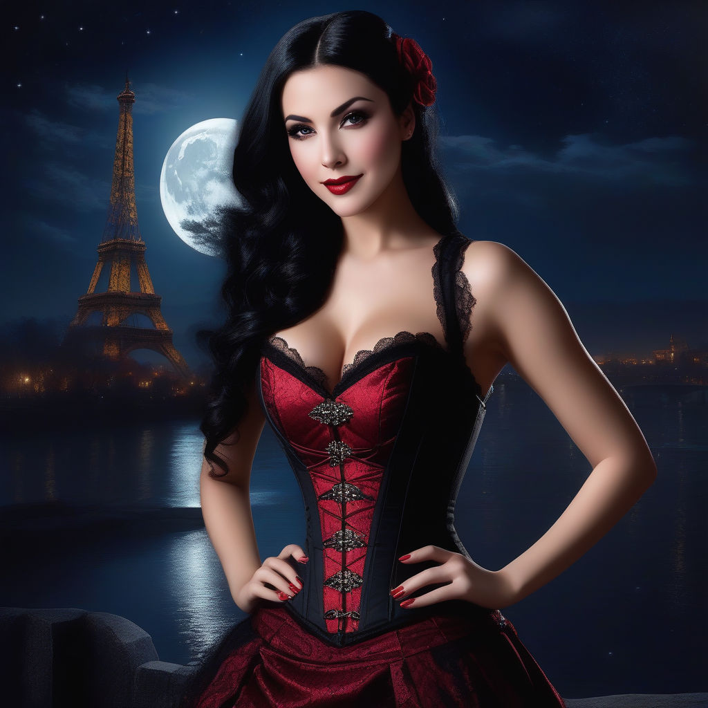 Beautiful Female vampire Pin-up, full moon, latex corset, long