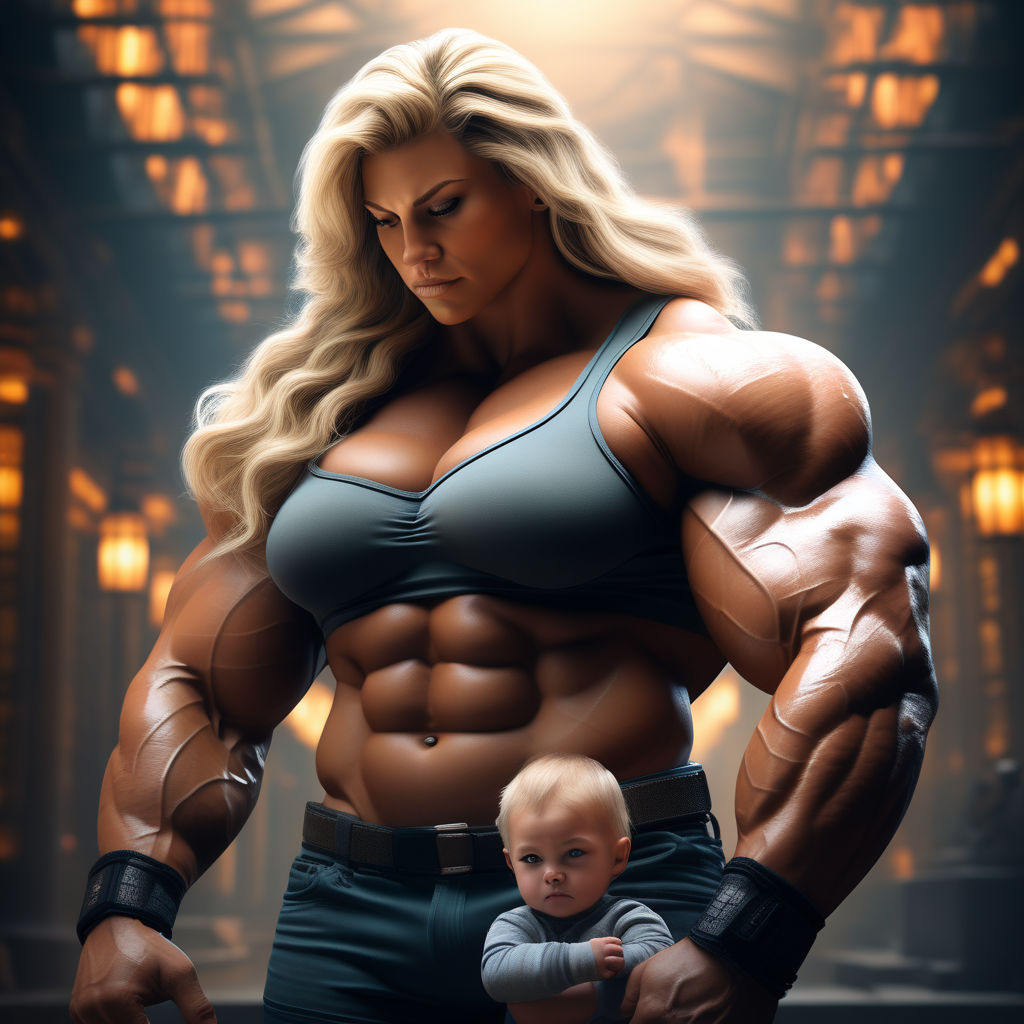 Colossal sized gigantic height heavily built young muscular female