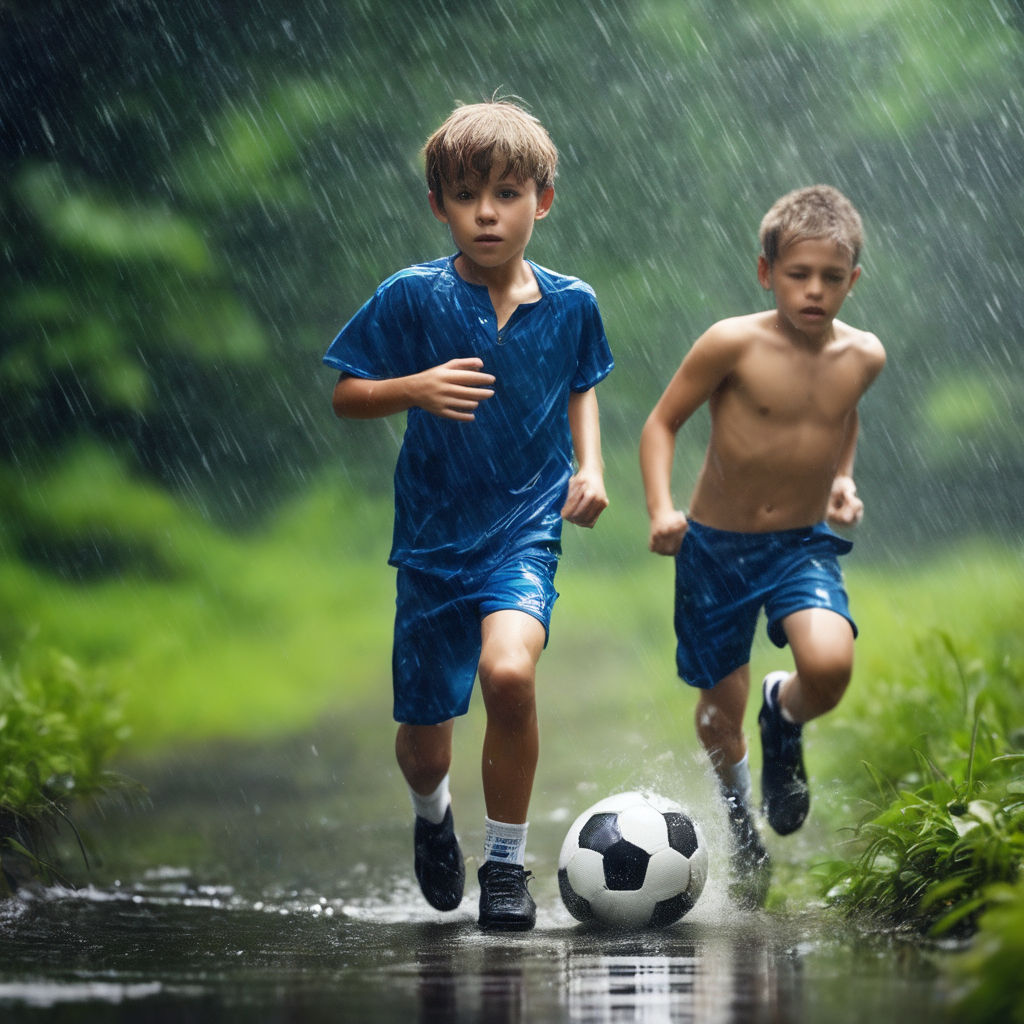 kids playing soccer in the rain