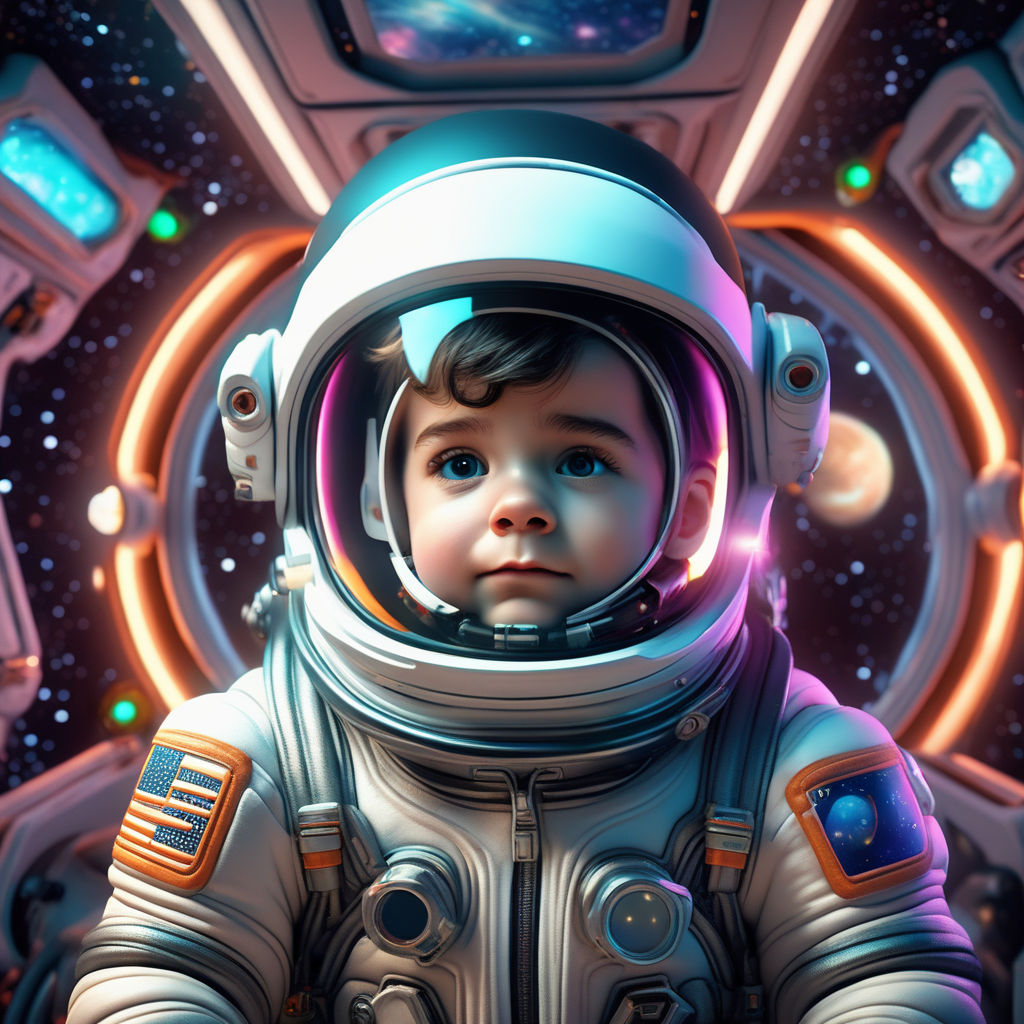 Synthwave spaceman gazing at vibrant space scene