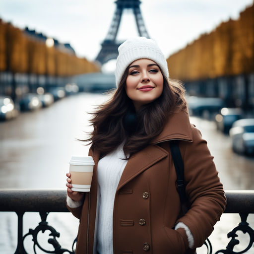 Coffee on the go. Stylish and young woman in coat and hat drinking