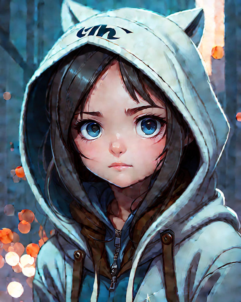 Chibi cute small girl in an over-sized hoodie with bear ears, anime,  drawing, icon