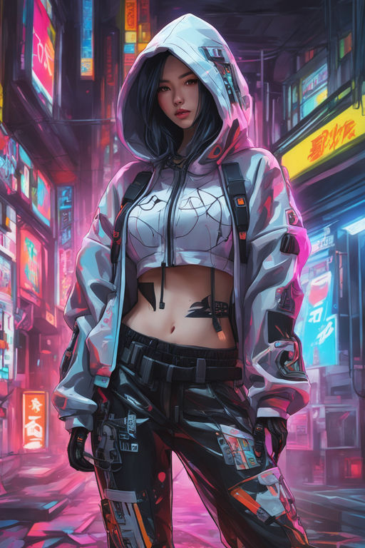 anime cyberpunk girl wearing futuristic outfit in a neon city at