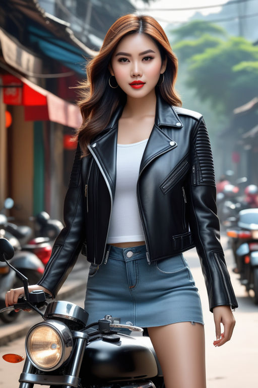 young greaser girl with short hair, posing in a fifties rockabilly style  dressed in a white t-shirt black pants leather jacket and sunglasses with a  green poster expressing fashion rebelliousness Photos