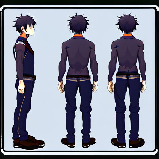 fewclam480 anime character male full body front side back and 45  degrees
